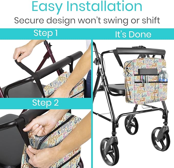 Vive Wheelchair Bag - Machine Washable, Double-Stitched, Water-Resistant Accessory Backpack for Rollators, Wheel Chairs, Walkers - Pouch with XL Pockets & Straps for Quick Installation