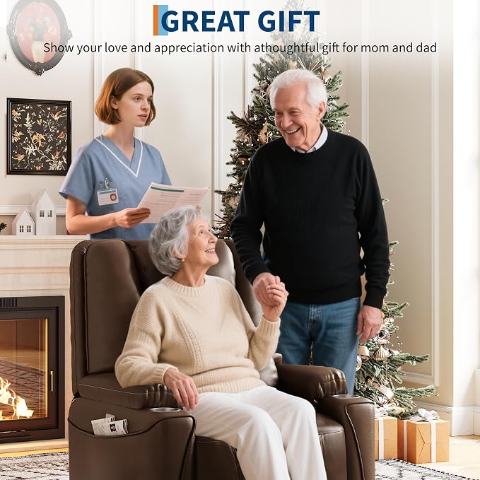 Recliner Chair, Electric Power Lift Chair with Remote, Stand Assist for Elderly, 3 Adjustable Positions, USB Charging Ports, Cup Holders, Side Storage Pockets, Comfortable Sofa for Living Room, Brown