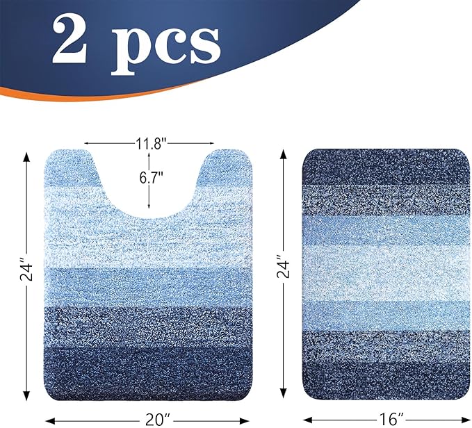 OLANLY Bathroom Rug Set 2 Piece, Soft Absorbent Microfiber Bath Mats and U-Shaped Contour Toilet Rug, Non-Slip, Machine Wash Dry, Plush Shaggy Bath Mats for Bathroom (24"x16"+U24 x20, Navy)