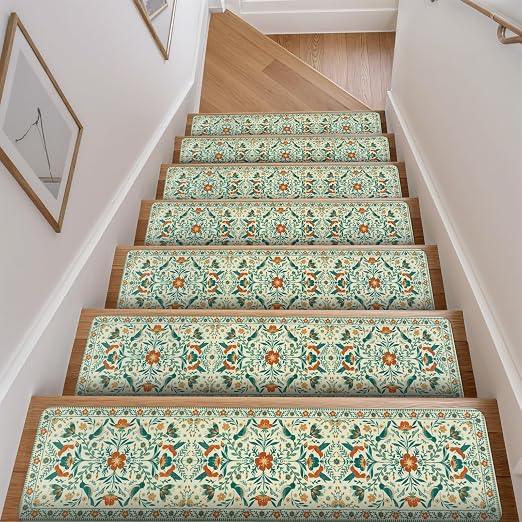 OJIA Non-Slip Stair Treads Stair Runner for Wooden Steps Indoor 15PC 30"x8" | Floral Carpet Stair Treads Stair Mats Staircase Step Treads for Kids, Elders and Dogs, Stair Covers, Beige
