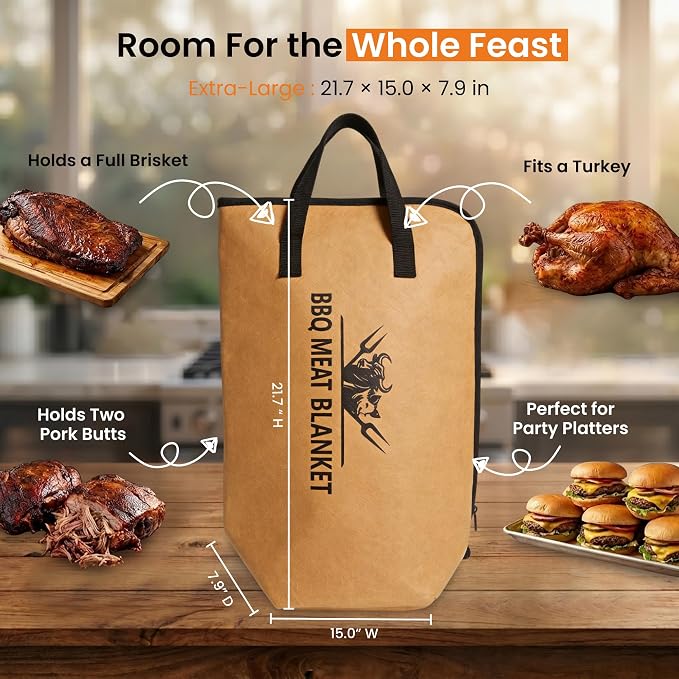 21in BBQ Blanket for Resting Meat, Insulated Meat Resting Bag with Wide Mouth, Ideal for Brisket, Pork Shoulder & Turkey, Smoker Accessories, BBQ Gifts for Men, Dad & Husband