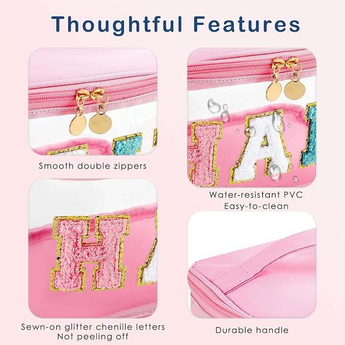 Personalized Chenille Letter Clear Hair Makeup Bag, Large Size Waterproof Nylon Cosmetic Toiletry Storage bag with Top Handle, Transparent Meds Hair Travel Organizer Cosmetic Bag(06Hair-Pink)