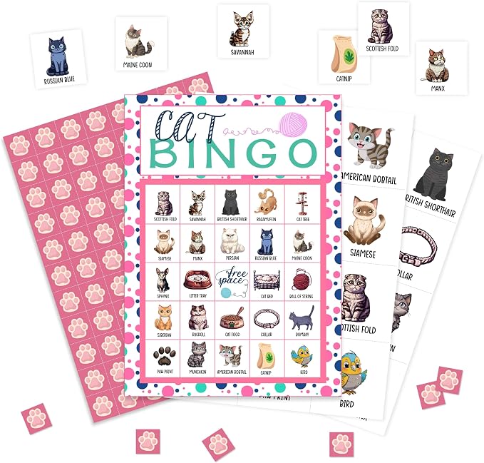 Cat Bingo Game Cards, Kitten Bingo Games for Adults, Pet Cards Supplies, Pawty Party Birthday Party Decor Favors, Card Gifts for Cat Lovers Women Friends Family Holiday, 02