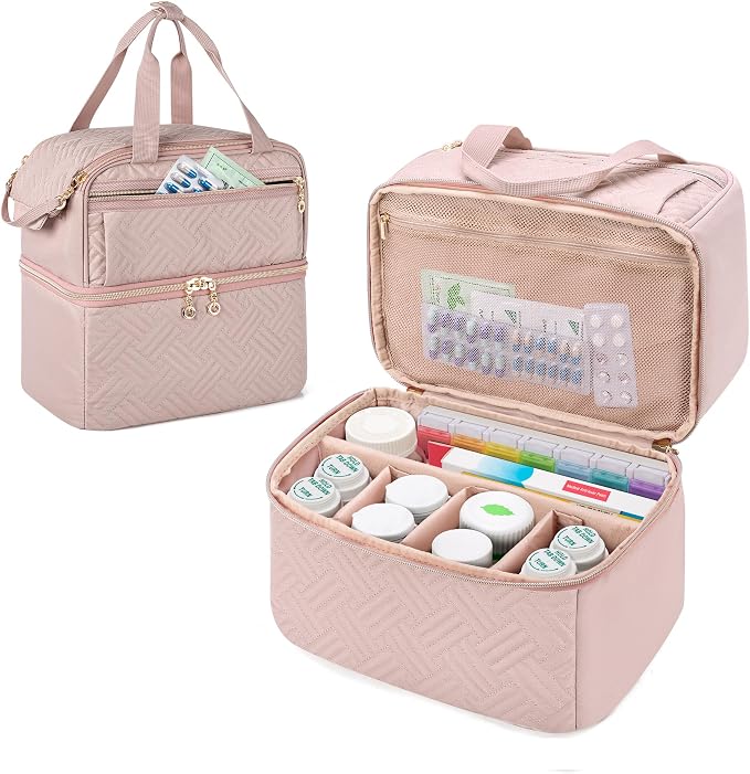 Damero Double Layers Pill Bottle Organizer Empty with 4 Customized Dividers | Lockable Medicine Storage Bag Medication Travel Bag for Prescription Bottles, Medical Supplements, Misty Rose