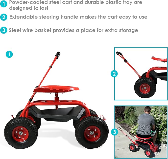 Sunnydaze Garden Seat with Wheels and Adjustable Handle, Red | Steel Rolling Gardening Seat with Utility Tray for Storage, Rotating, Swiveling Motion