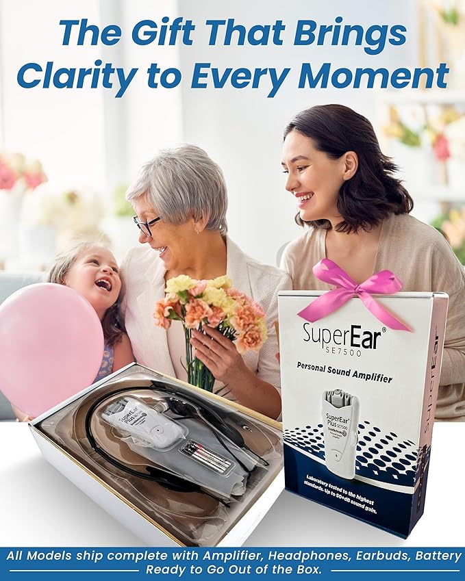 SuperEar Model SE7500 for Seniors - Hearing Amplifiers for Seniors & Elderly, Super Ear Personal Sound Amplifier, Sound Amplifier Listening Device and Audio Accessories in 50dB Ambient Sounds Increase