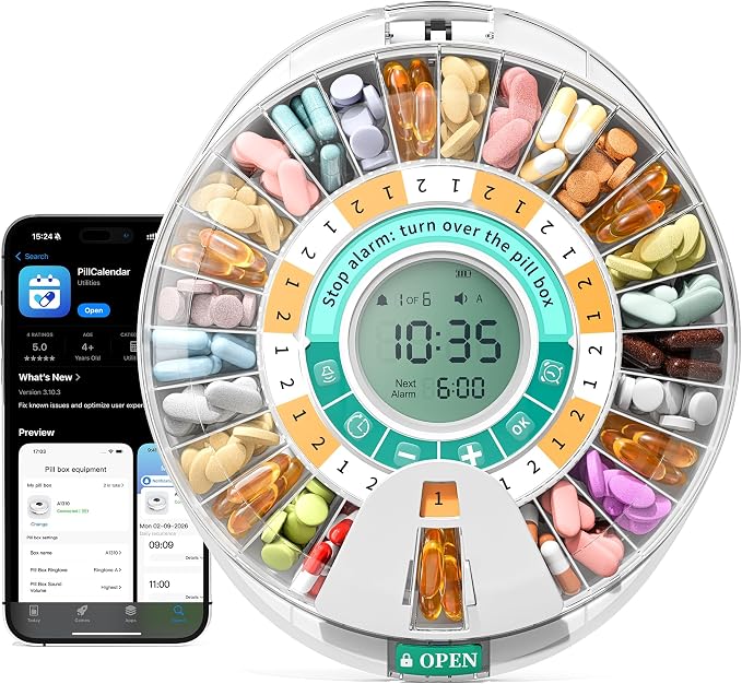 Betife Automatic Pill Dispenser,28-Day Smart Bluetooth Pill Box, Easy Setup | App Support, Pill Case with 6 Alarms & Light Reminder, Electronic Medication Management for Seniors, Monthly Timer Dispenser