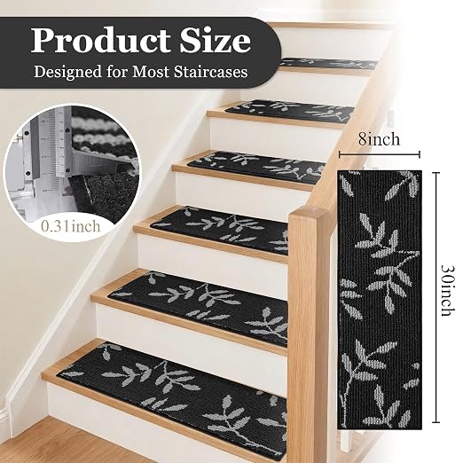Carpet Stair Treads, Non-Slip Stair Treads for Wooden Steps Indoor | Stair Runner for Pets, Non Skid Staircase Step Treads Washable Reusable, Stair Protectors 30" x8" Set of 15, Black