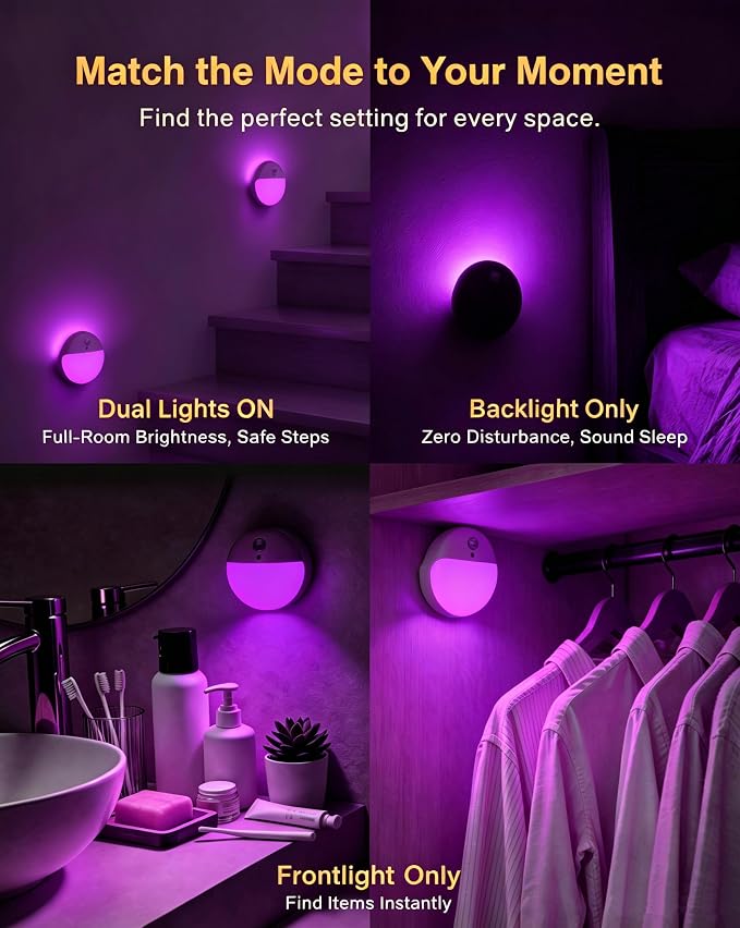 Purple Motion Sensor Night Light Battery Operated, Dim Sticky Light | 2 Pack, 3 Modes, Dimmable 1-15lm, Soft Glow, Wireless Motion Activated Violet Light for Girls, Bathroom, Bedroom, Adults