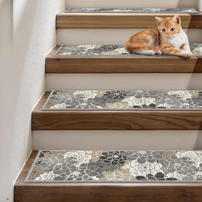 SARBEN 8"x30" Non Slip Stair Treads for Wooden Steps 15 Pack, Coffee Brown | Peel and Stick Carpet Stair Runner with TPE Adhesive Backing, Carpet for Added Safety, Pet and Senior Friendly
