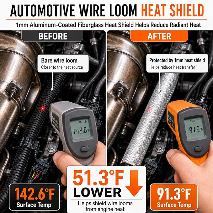 FLASLD Aluminized Heat Shield Thermal Barrier Adhesive Backed Heat Sleeve Up to 2000 Degrees Fahrenheit (12'' X 40'')