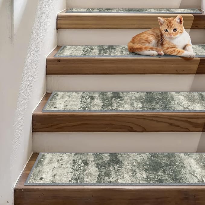 sarben 8"x30" Non Slip Stair Treads for Wooden Steps 15Pk,Muted Green Beige | Peel and Stick Carpet Stair Runner with TPE Adhesive Backing, Carpet for Added Safety, Pet and Senior Friendly