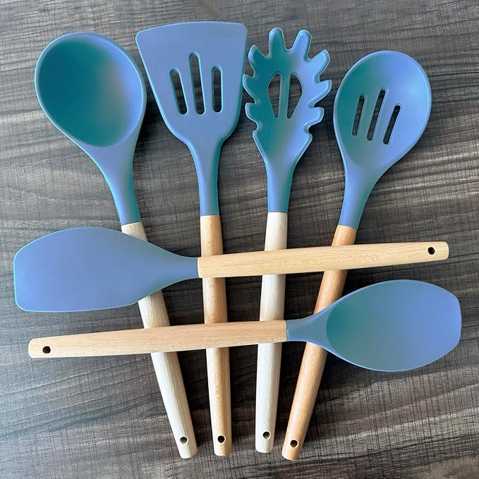 Silicone Cooking Utensils Set 6Pcs Heat Resistant Silicone Kitchen Utensils Set for Cooking Spatula Spoon Turner Ladle w Wooden Handle, BPA FREE Kitchen Gadgets for Nonstick Cookware & Baking