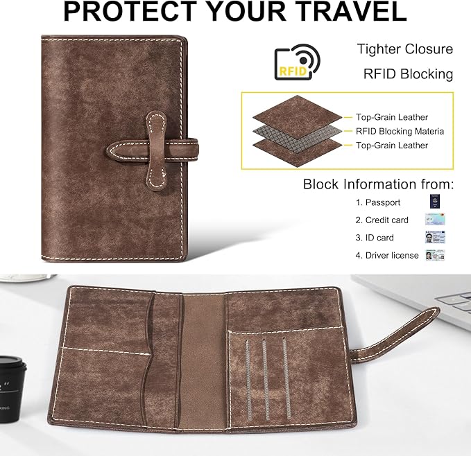Leather Passport Holder for Travel,Passport Wallet,khaki | RFID Blocking Card Slot,Top-Grain leather with Magic Buckle,Boarding Pass Pocket,Retro Style,Slim and Light-weight