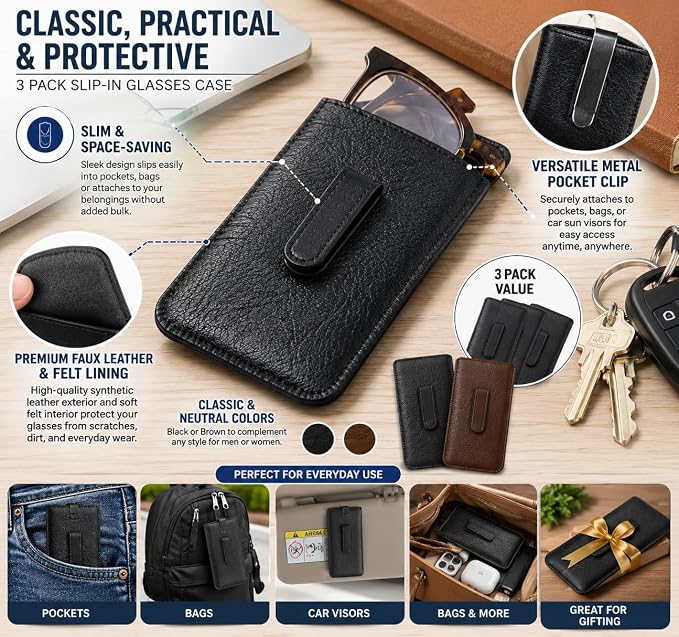 Calabria Soft Slip-In Glasses Case with Pocket Metal Clip Black for Men/Women Synthetic Leather Felt Lining 6.5"x3" - 100PACK