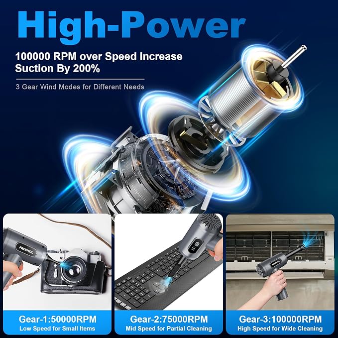 Compressed Air Duster, 100000RPM Cordless Rechargeable Electric Air Blower | Smart LED Display, 3-Gear Adjustable, LED Light, Keyboard, PC, Car & Home Cleaning, Replaces Canned Air, Grey