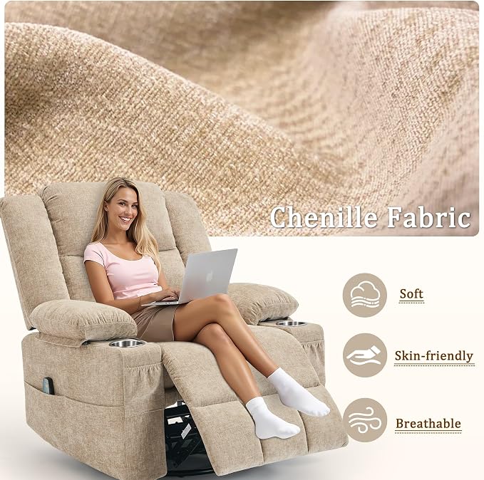 Korser 360° Swivel Rocker Recliner for Adult, Nursery Glider Recliners with Massage & Heating, Rocking Chair with Cup Holder, Manual Recliner Chair for Living Room, Bedroom (Khaki)
