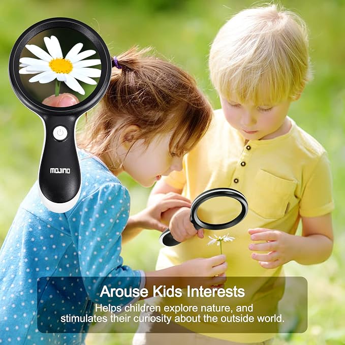 10X Lighted Large Handheld Reading Magnifier Glasses | 18 LED Lights for Macular Degeneration, Seniors & Kids Reading, Inspection, Coins, Jewelry, Exploring