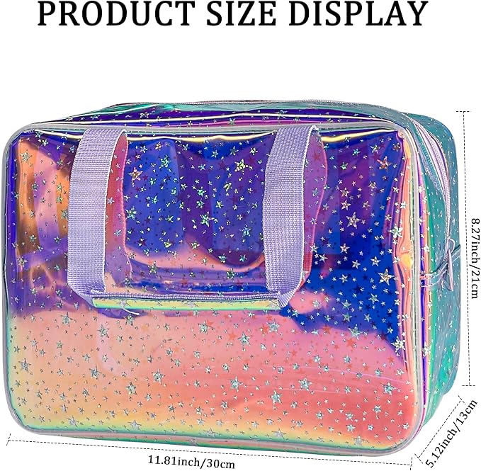 Holographic Purple Star Large Cosmetic Bag and Travel Pouch with Handle,Durable Material,Zipper Design-Ideal for Makeup,Travel Essentials (Purple Handle)