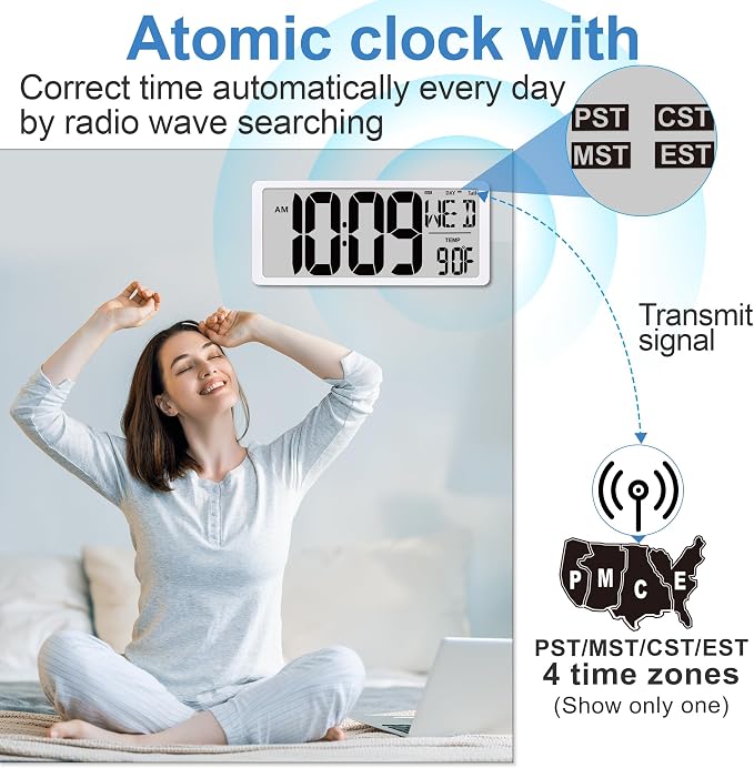 18.6" Extra Large Amotic Digital Wall Clock Battery Operated Alarm Clock with Day Date & Temperature Jumbo LCD Display Clock for Wall Bedroom Living Room Classroom Home Office
