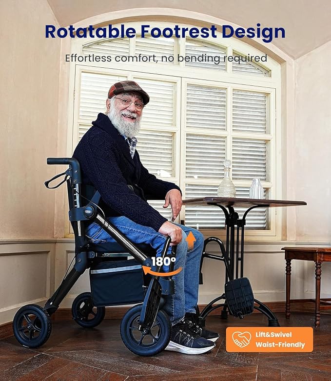 VOCIC Walkers for Seniors, Z55 2 in 1 Walker Wheelchair Combo, No-Bend Footrest, Rollator with 10" All Terrain Big Wheels, Transport Wheelchair Foldable, Rollator with Seat & Brakes, Storage Bag