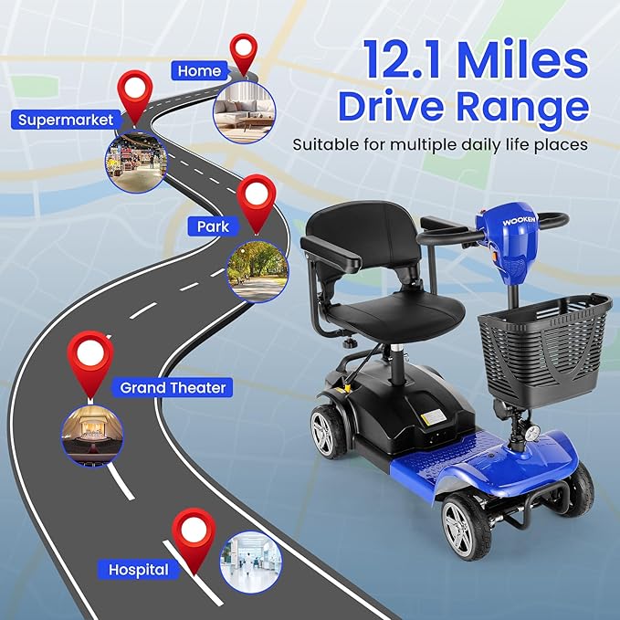 Wooken Mobility Scooters for Seniors, Adults, 4 Wheels Foldable Powered Mobility Scooter 264 lbs All Terrain, Compact Heavy Duty Electric Powered Wheelchair with Seat for Travel, Smart Safety System