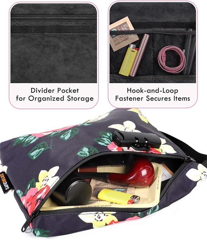 Smell Proof Bag, Odor Proof Bag with Combination Lock, Durable Smell Proof Container with Carbon Lining, Secure Odorless Travel Pouch for Home & On-the-Go (Flower)