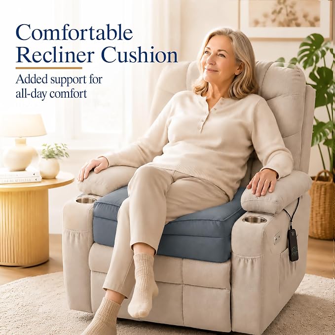 Allaboutsla Recliner Seat Cushion, 20x20x5 Lift Chair Cushion for Elderly | Thick Dual-Layer Recliner Cushion Adds Height, Comfy Recliner Cushions for Long Sitting, Non-Slip Chair Pad for Recliner Gray