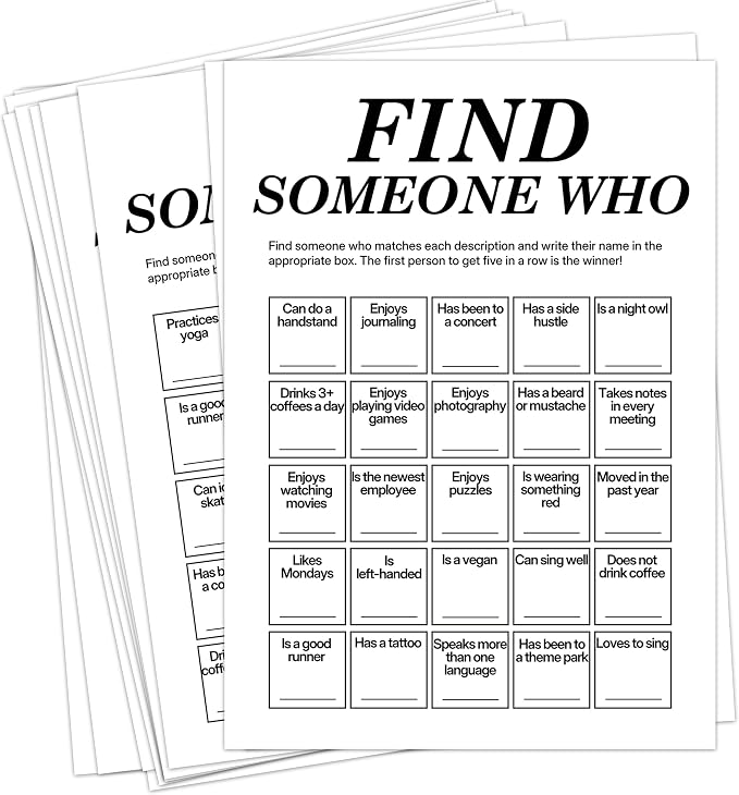 Find Someone Who Bingo Cards, 25 Unique Randomized 5x7 Sheets, Get to Know You Bingo Game for Adults, Ice Breaker Office Party Games, Team Building Games for Work, High Replay Value - A04
