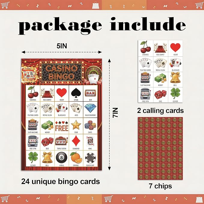 Casino Party Bingo Game Cards, Las Vega Bingo Set for Adults Large Group, Casino Themed Fun Games, Las Vega Party Activities, Icebreaker Games for Family Friends, 07