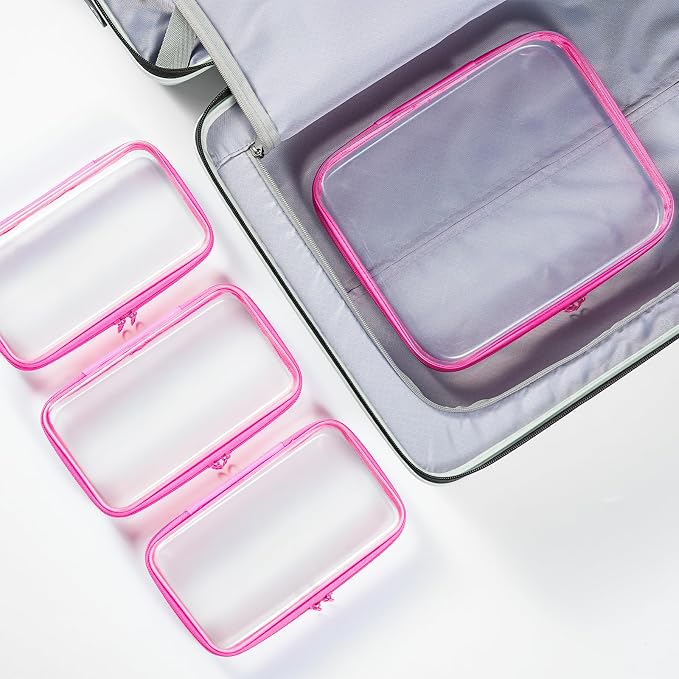 4 pcs Clear Zipper Pouches, Hard Shell Zipper Case, Makeup Organizer | Travel Toiletry bag, Diaper Bag, Travel Organizer, Clear Cosmetic Bag,Toy Storage Bins (M+3S Pink)
