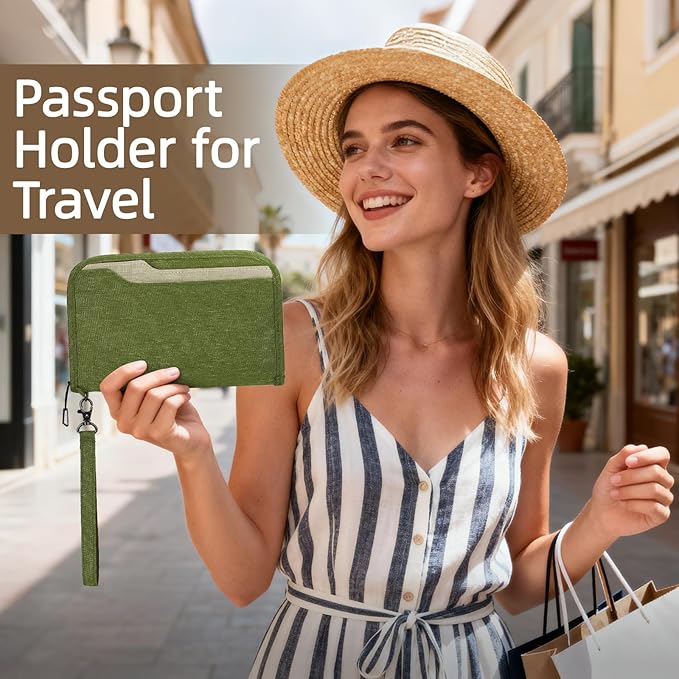 Passport Holder Family RFID Passport Wallet, Passport Holder Women/Men, Travel Wallet Documents Organizer Zipper Case with Removable Wristlet Strap, Travel Essentials for Flying