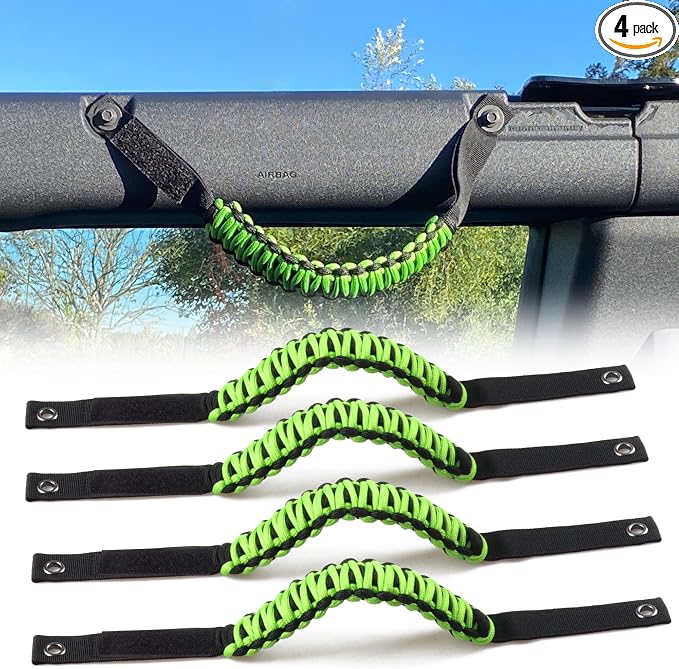 sukemichi Roll Bar Grab Handles for 2021-2026 Ford Bronco 2/4 Door,Green | Paracord handles grab,Fits Bronco 2021-2026 hard & soft top,Off-road safety grip handle,Work with airbag,Not for Sport,4 Pack