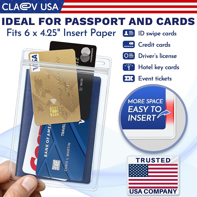 Claev - Vertical 4x6 Passport & Card Holders - Extra Large, 100 Pack | Bulk clear waterproof ID badge holders, fits 4 x 6 insert cards with fast seal for travel, conferences, conventions & events