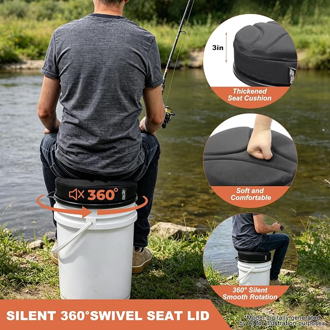 MDSTOP 5 Gallon Bucket Seat with 3" Thick Seat Foam Cushion, Waterproof 360°Swivel Bucket Lid Seat, Silent Bucket Seats for Duck Dove Hunting, Ice Fishing, Baseball, Camping, Gardening