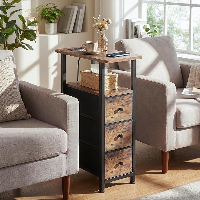 Narrow End Table with Charging Station, Small Nightstand | Skinny Side Tables Living Room with 3 Fabric Drawers, Slim Bedside Table for Bedroom, Small Spaces, Couch, Rustic Brown