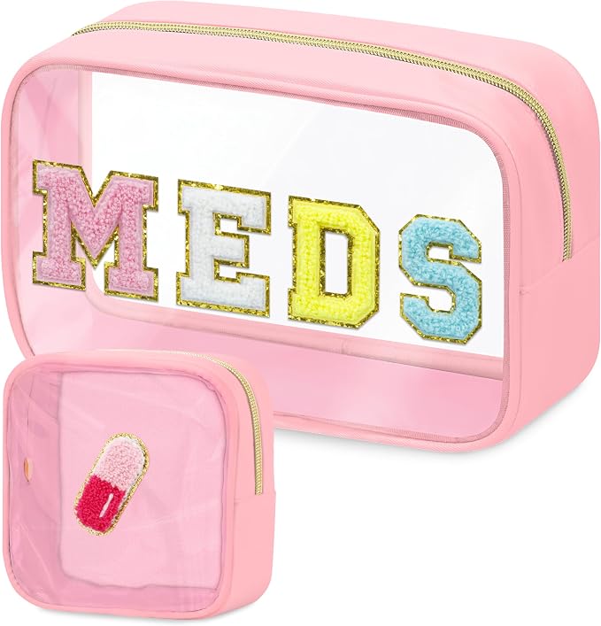 BuyCard 2 Pcs Medicine Chenille Letter Bag Preppy Clear Makeup Meds Pouch for Travel Nylon & PVC Transparent Cosmetic Bag Preppy Patch Toiletry Storage for Women Girls Pink