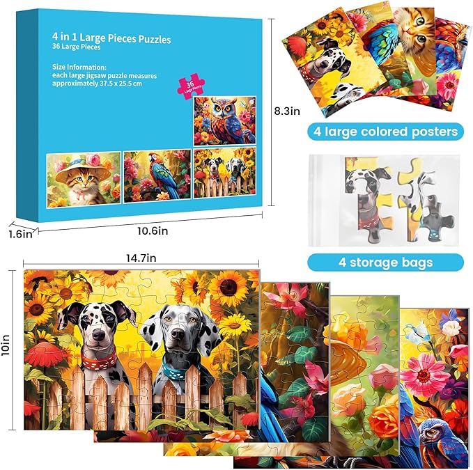 4 Pack 36 Large Piece Puzzles for Seniors,Dementia Puzzle Alzheimer's Activities for Seniors Dogs Parrots Cats Owls Easy Puzzle Memory Games for Seniors Gift for Elderly Seniors Adult