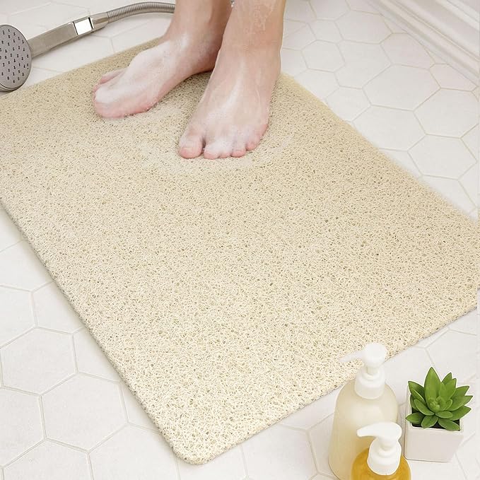 Bathtub Mat Non Slip, 32x20 Inch Shower Mats for Inside Shower, PVC Loofah Bathroom Mat Quick Dry with Drain Hole, Phthalate-Free Bath Mats for Shower Bathroom Tub and Wet Areas (Beige)