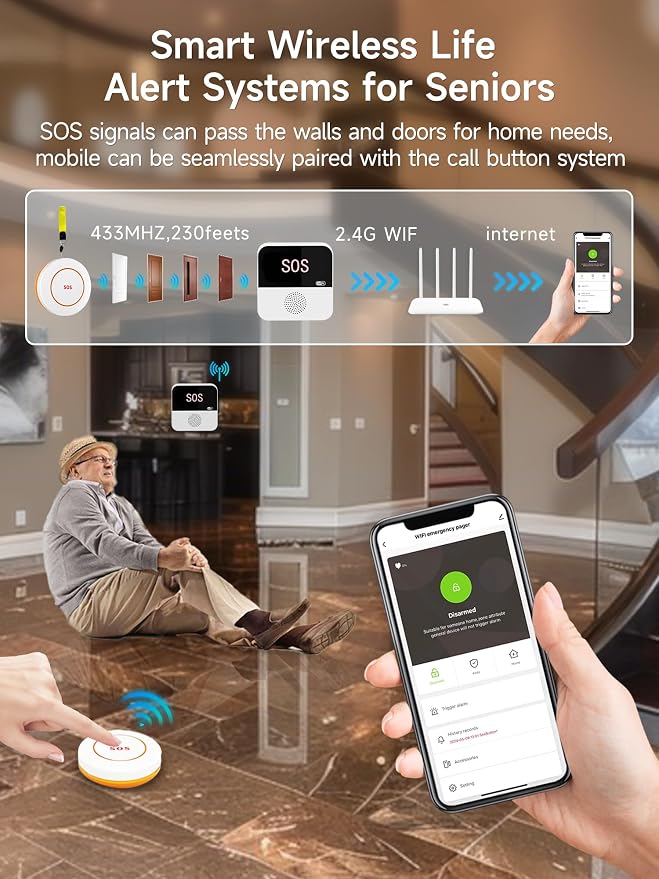 PILSAMAS 3 Pack Wireless Caregiver Call Button for Elderly at Home, WIFI Panic Button, Help Button, Alarm for Senior Citizens w Sound Light Alarm, App Alert, Emergency Response Button, Caregiver Pager