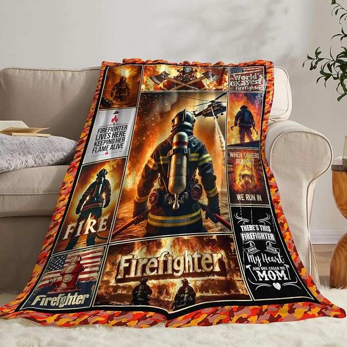 Yibuda Firefighter Blanket Fire Rescue Flannel Plush Throw Blanket Cozy Patriotic Hero Decor Fleece Stuff Blanket Gifts for Lover Girls Boys Kids Adults Women Bed Travel 60"x80"