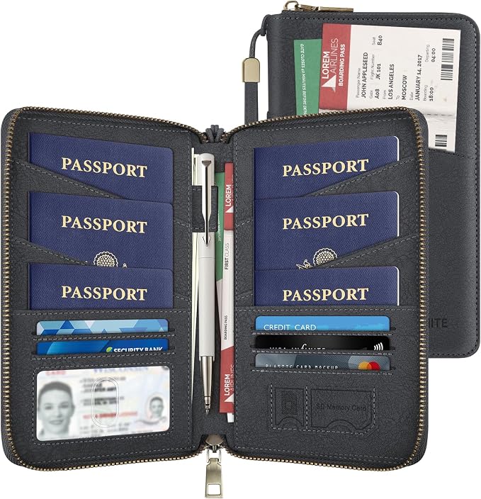 Likesing Family Passport Holder for 4, RFID Multiple Passport Holder-Grey | Leather RFID Blocking Travel Passport Wallet with Zipper, Travel Document Organizer with Wrist Strap Card Slots for Women Men
