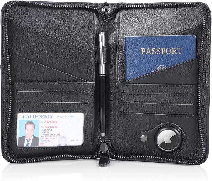 Polare Napa Leather Passport Holder Cover Case for Men and Women RFID Blocking Family Travel Wallet Holds 6 Passports (Black with AirTag Slot)