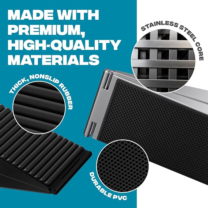 STRONGEST HOME Stoppers for Bottom of Door – Heavy Duty Metal Rubber Door Stopper, Non-Slip Door Stop for Heavy Doors, Works on Wood, Tile & Carpet Floors Folding Black 10 PCs + White Wall Protectors