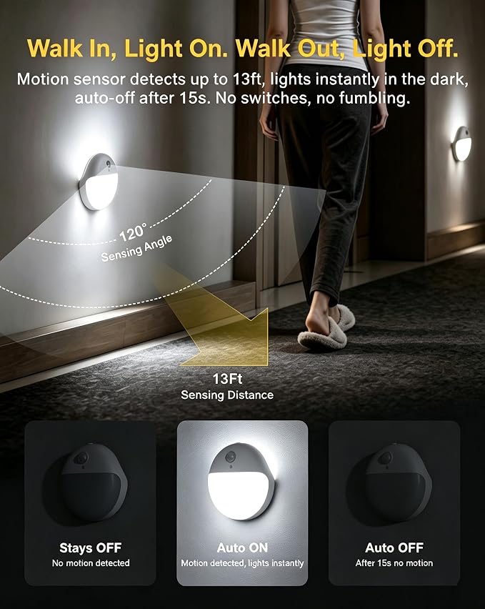 2 Pack Battery Night Light, Toilet Lights, 2.6" Small Motion Senor Light, Stick on Lights, 3 Light Modes, Dimmable LED Nightlight for Closet, Stairs, Garage, Cabinet, Toliet, Daylight White