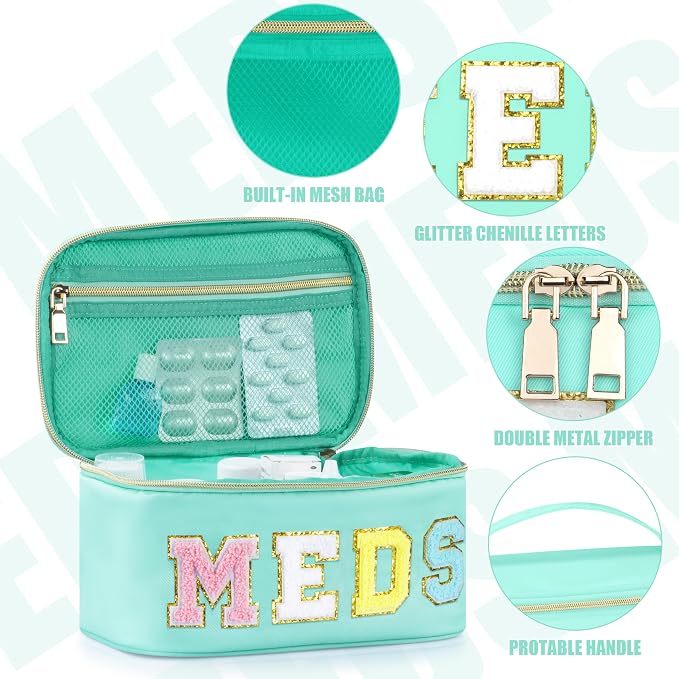 BuyCard Medicines Chenille Letter Bag Nylon Meds Makeup Pouch Preppy Path with Zipper and Handle Cosmetic Toiletry Storage Purse for Women Green