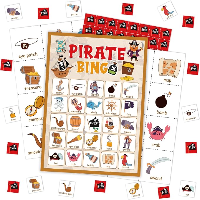 Pirate Party Bingo Card, Pirate Ship Adventures Bingo Game for Adults Family Friends, Pirate Party Favors Decorations, Pirate Bingo Kit for Birthday Party, Holiday Games for 24 Players -06