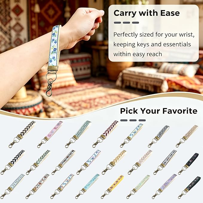 Boho Vintage Embroidered Floral plant Wristlet Keychain for Women | Cute Lanyard&Antique Brass Clasp, Lightweight Hands-Free Key Holder for keys,purses,handbags and daily outdoor use for ladies