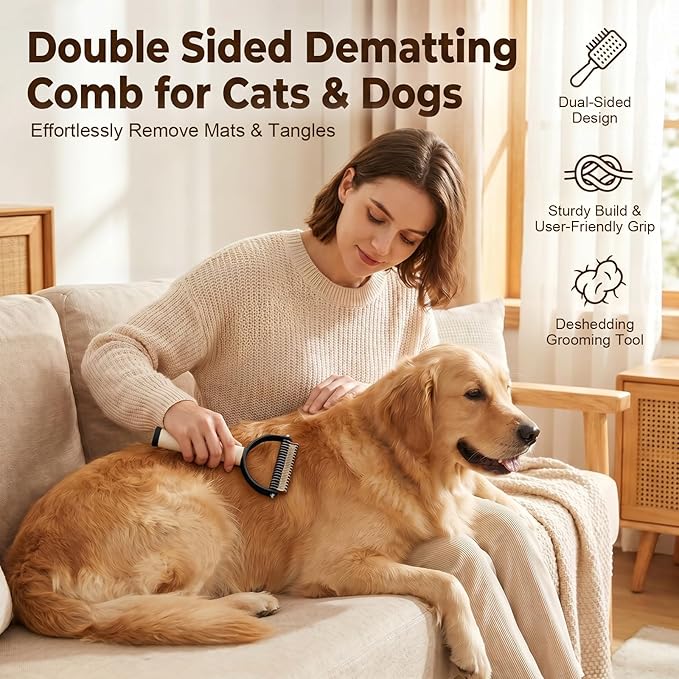 2-In-1 Double Sided Dematting Comb for Cats & Dogs, Multi-Functional Pet Detangling Comb, Double Sided Lint Remover Comb with Lint Roller, Suitable for Both Long and Short Haired Pets (Black)