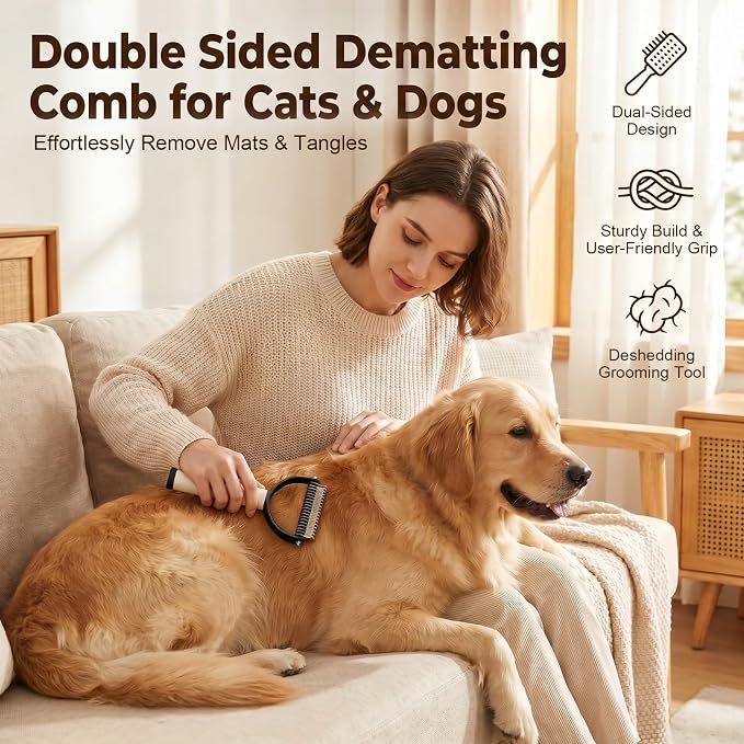 2-In-1 Double Sided Dematting Comb for Cats & Dogs, Multi-Functional Pet Detangling Comb, Double Sided Lint Remover Comb with Lint Roller, Suitable for Both Long and Short Haired Pets (Brown)